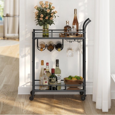 Bar Cart Glam Gold Finish Circular Silhouette Mirrored Shelves
