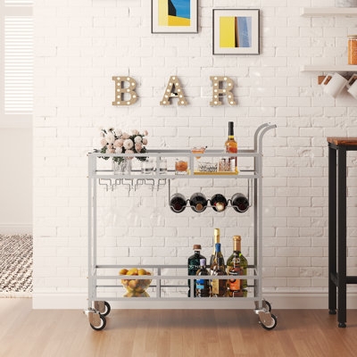 Bar Cart Glam Mirrored Shelves Built-In Wine Rack Silver Finish