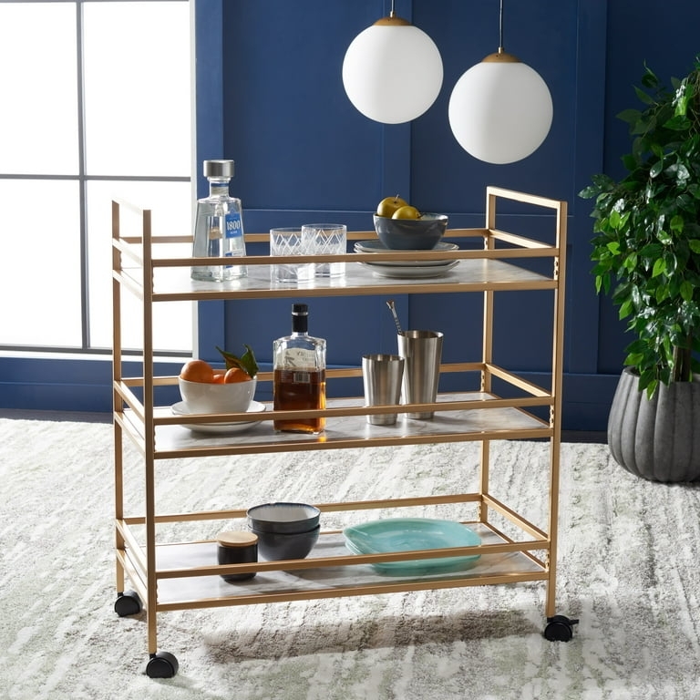 Bar Cart Gold and Marble Three Tier Wraparound Rails Glam Style