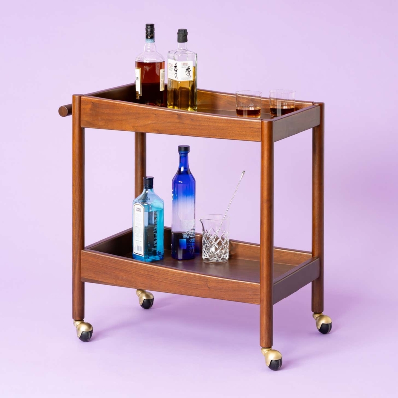 Bar Cart Gold and Wood Two-Tier Design with Satin Finish Frame