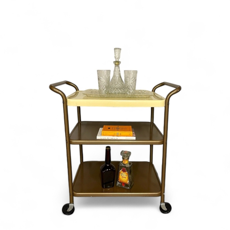 Bar Cart Gold Toned Metal Three Tier Glass Shelving Retro Style