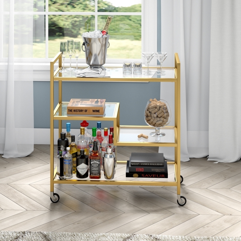 Bar Cart Gold Toned Metal Two Tier Glass Shelves Glam Style