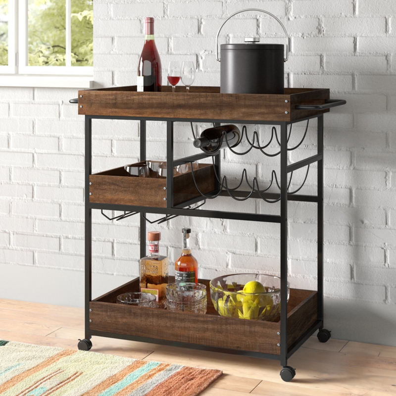 Bar Cart Industrial Black Metal and Wood Toned with Integrated Bottle Holders.