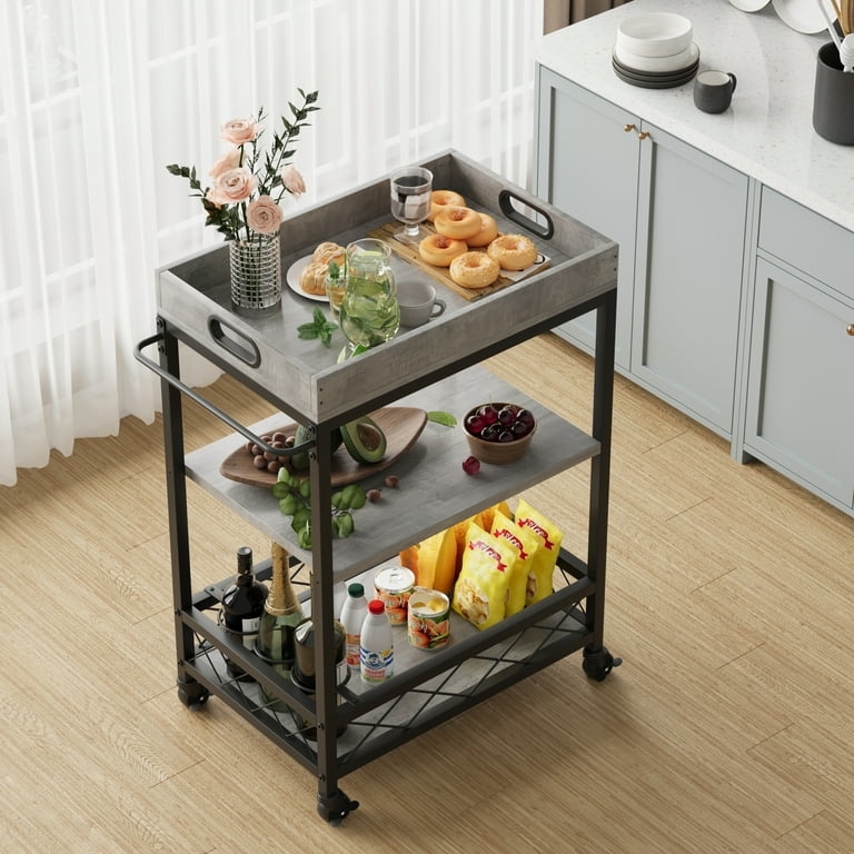 Bar Cart Industrial Black Metal Wood Shelves Horizontal Bottle Storage