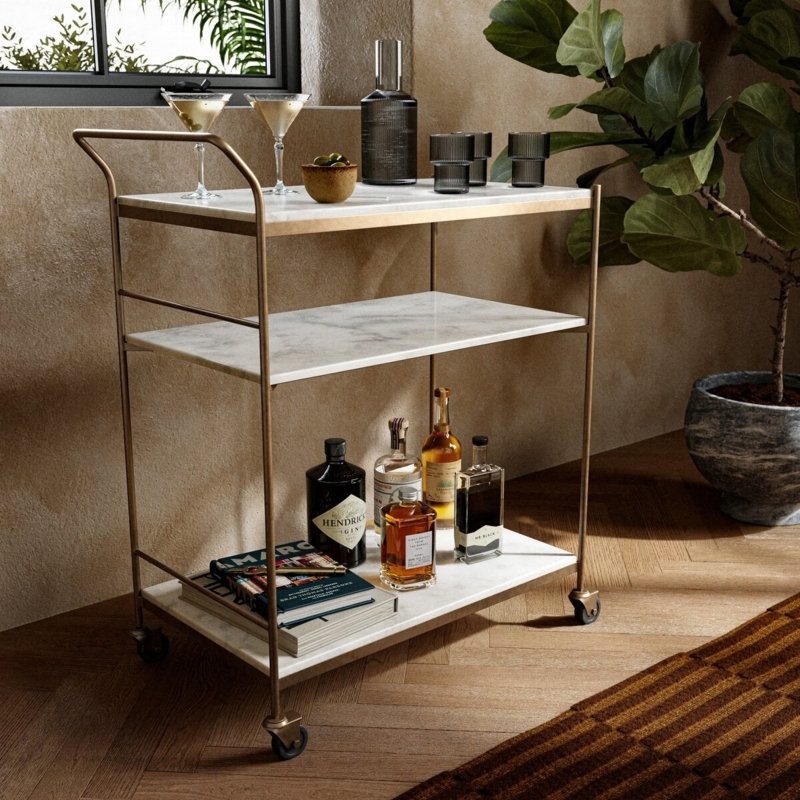 Bar Cart Integrated Handles Antique Brass Finish Art Deco Style