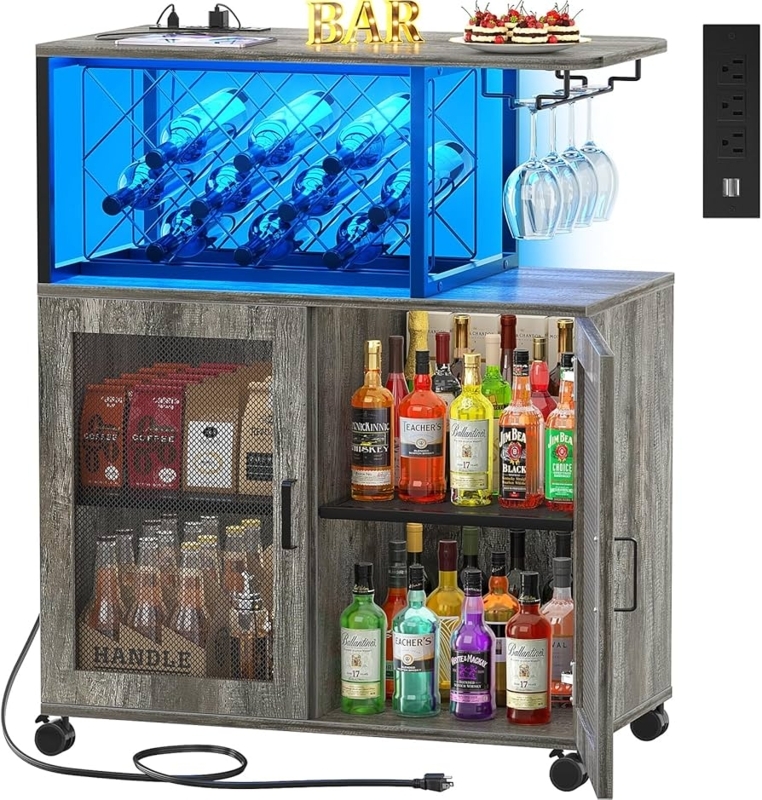 Bar Cart Integrated Power Outlets Blue LED Illumination Black
