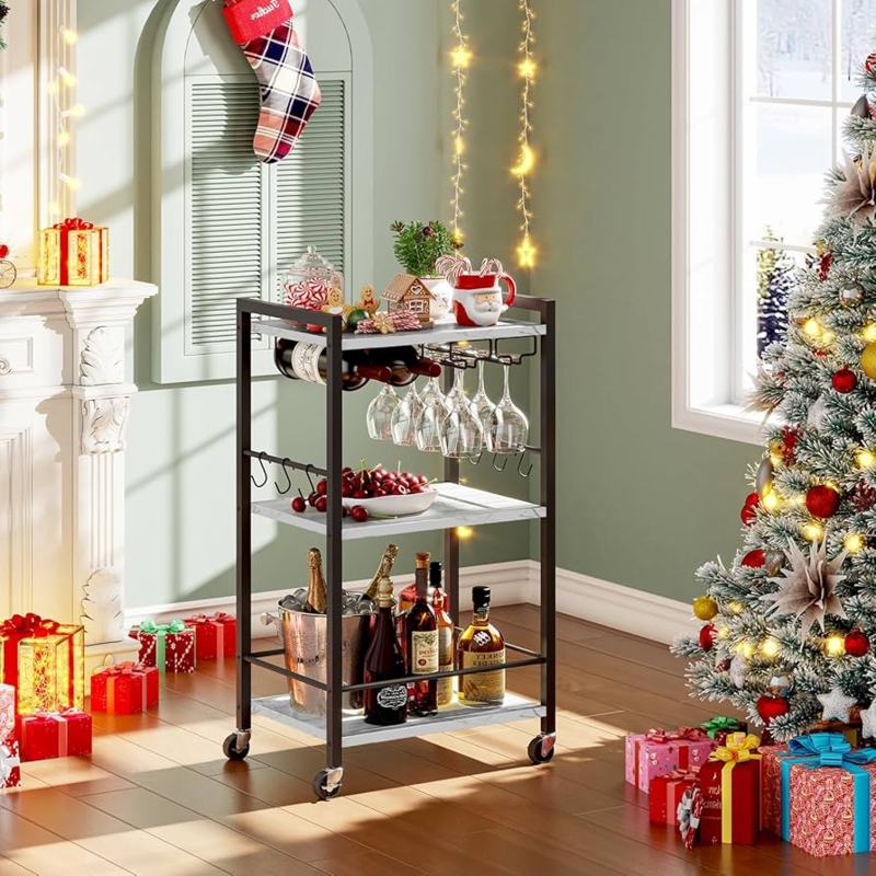 Bar Cart Marble Effect Shelves Integrated Bottle Storage Gold