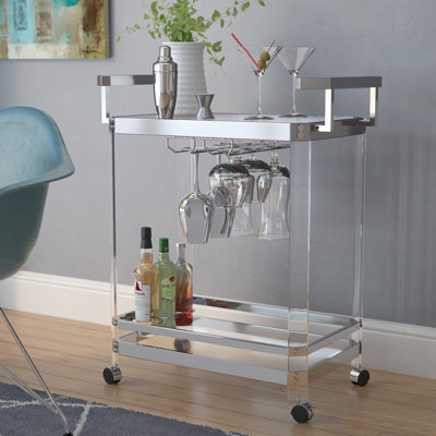 Bar Cart Mirrored Shelf Trolley with Gold Toned Curved Handles