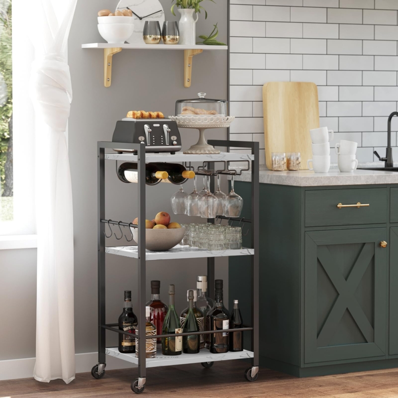 Bar Cart Mixed Material Shelving Integrated Bottle Storage Black