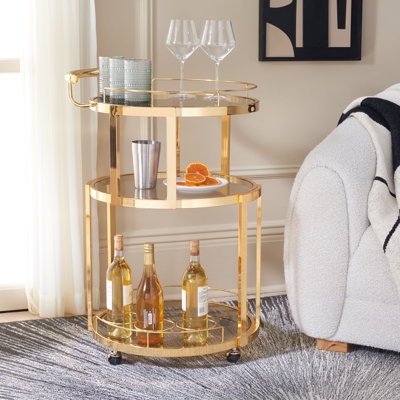 Bar Cart Modern Circular Metal Two Tier Guardrails Wood Toned