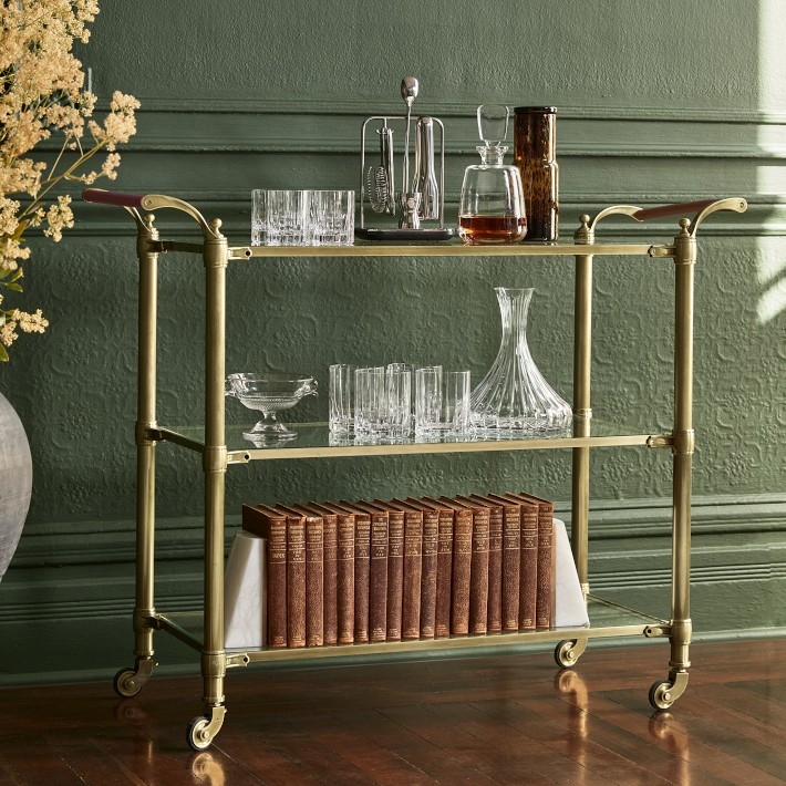 Bar Cart Modern Glass Mobile Storage Polished Brass Toned Frame