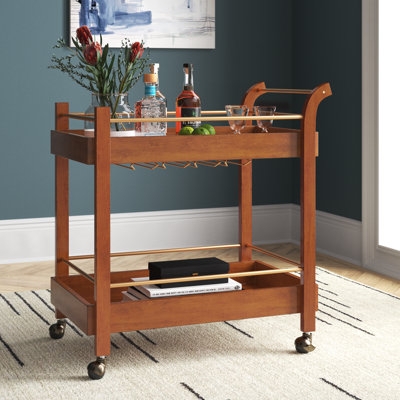 Bar Cart Modern Wood and Metal Two-Tier with Protective Rails