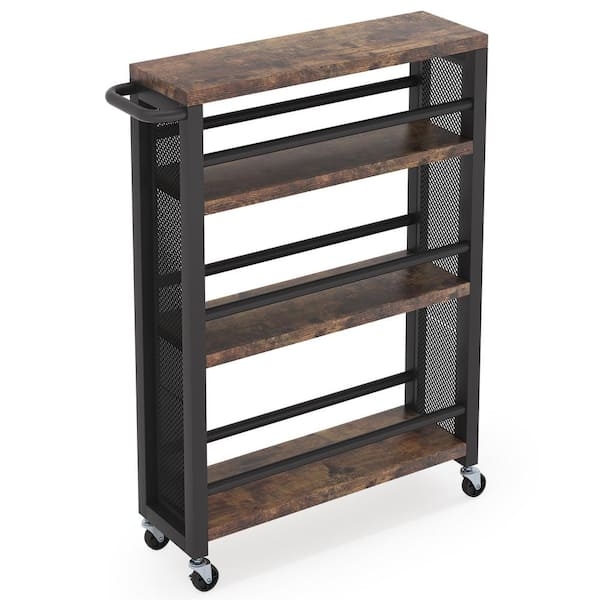 Bar Cart Narrow Profile Four Tier Rustic Brown Wood Toned Metal