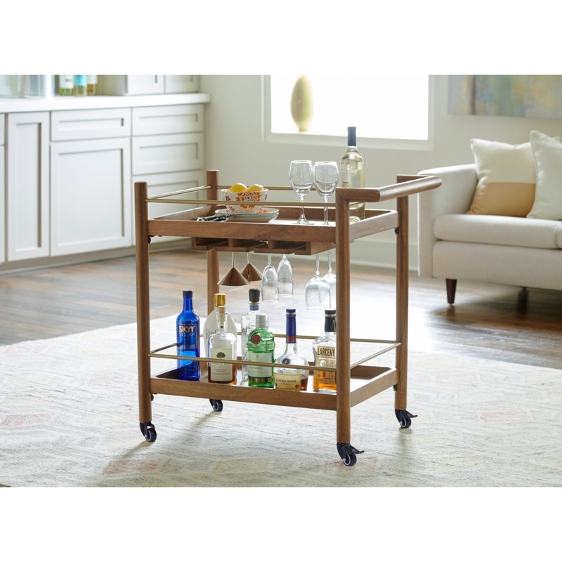 Bar Cart Nutmeg Wood Tapered Legs Integrated Glass Storage Mid Century