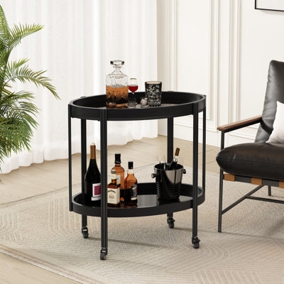 Bar Cart Oval Shape with Dark Metal and Wood Toned Farmhouse Style