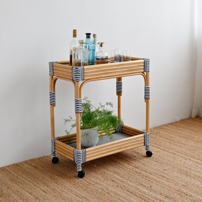 Bar Cart Rattan Frame Blue and White Weave Two Tiers Coastal