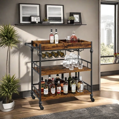 Bar Cart Rolling with Removable Tray, Black Metal & Wood Shelves