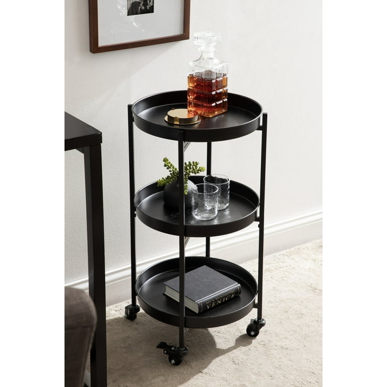 Bar Cart Round Silhouette Black Frame Wood Shelves Raised Rim Modern
