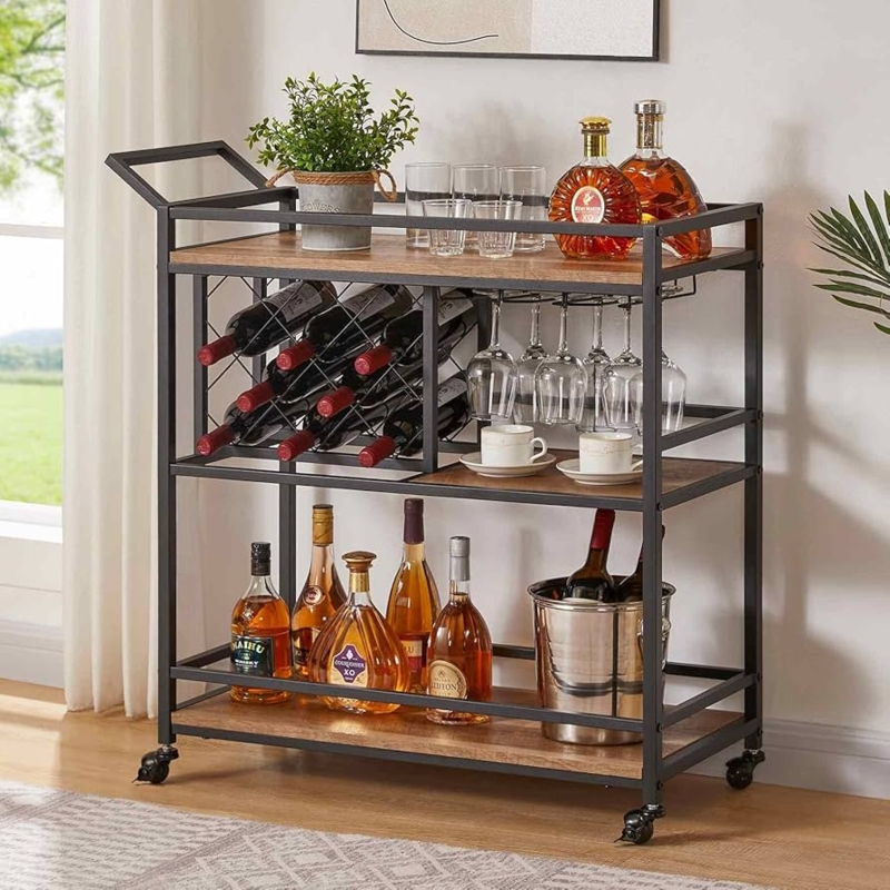 Bar Cart Rustic Oak & Black Metal Three-Tier Industrial Rolling Styling