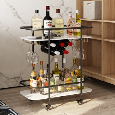Bar Cart Rustic Wood Rolling Wine Cart with Black Metal Frame