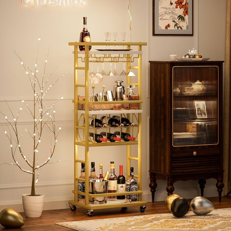 Bar Cart Rustic Wood Toned Mesh Shelf Four Tier Design Metal