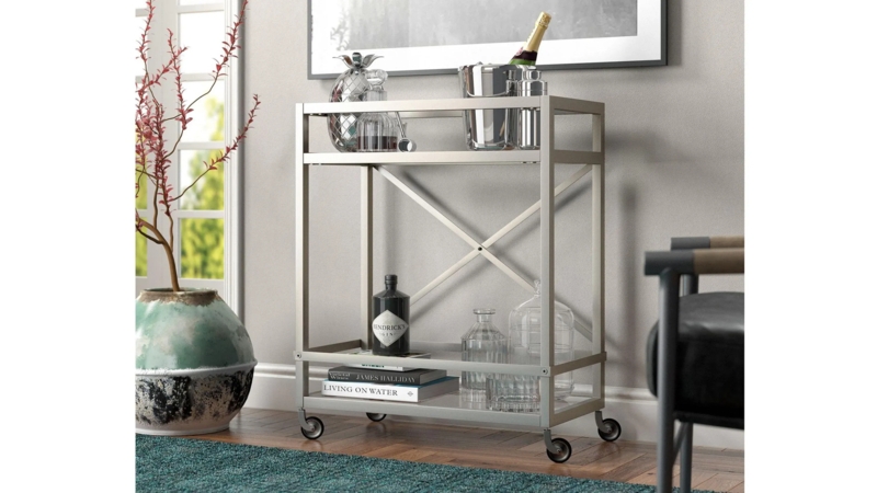 Bar Cart Satin Nickel Finish Dual Handles Glass Contemporary