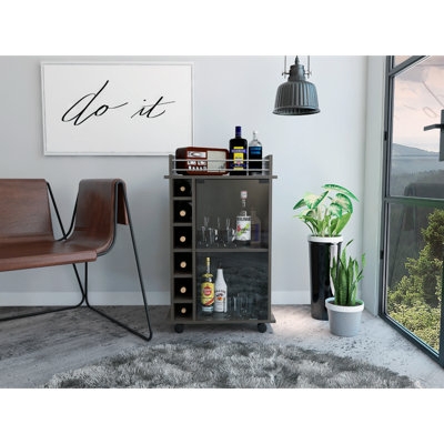Bar Cart Six Bottle Wine Rack Dual Side Handles Wood Toned Metal
