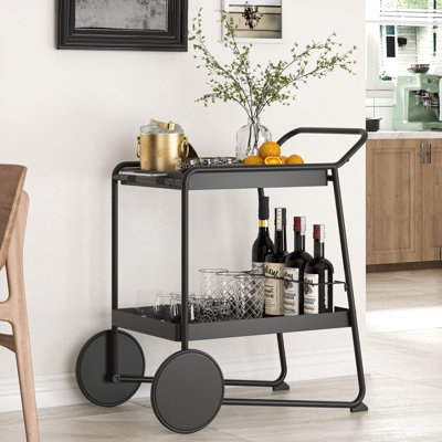 Bar Cart Slatted Shelves Mixed Media Frame Black Metal Wood