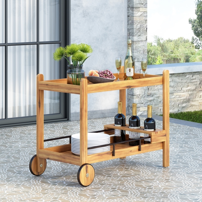 Bar Cart Slatted Wood Shelves Integrated Wine Rack Three Tier Farmhouse