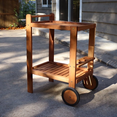 Bar Cart Slatted Wood-Toned Shelves Two-Tier Rolling