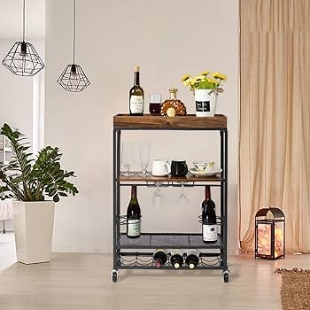Bar Cart Slim Mobile Cocktail Bar with Industrial Metal Frame