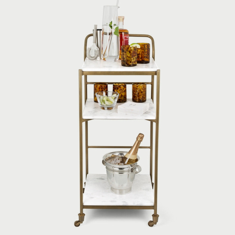 Bar Cart Square Silhouette Antique Brass Frame White Marble