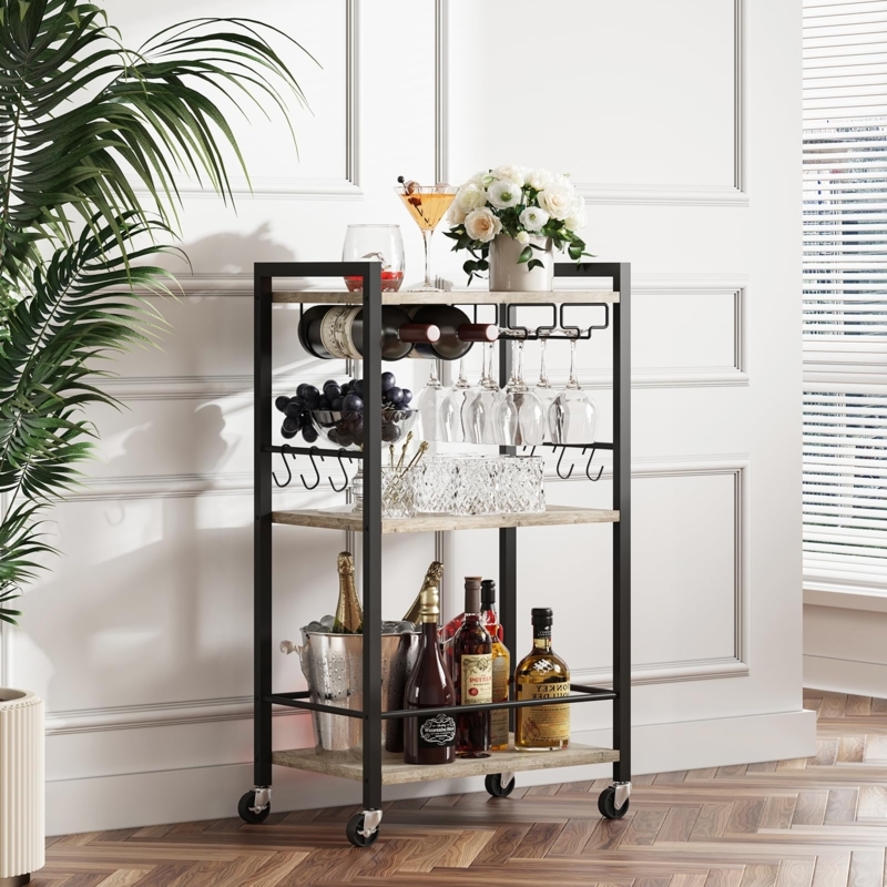 Bar Cart Stemware Holder Industrial Frame Matte Black Wood Toned