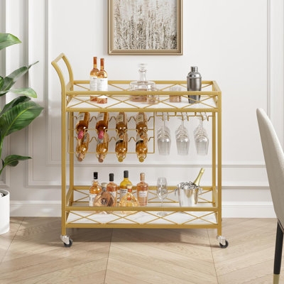 Bar Cart Stone Like Shelving Curved Wood Handles Two Tier Black