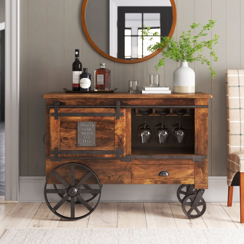 Bar Cart Storage Drawer Vertical Plank Doors Rustic Wood Farmhouse Style