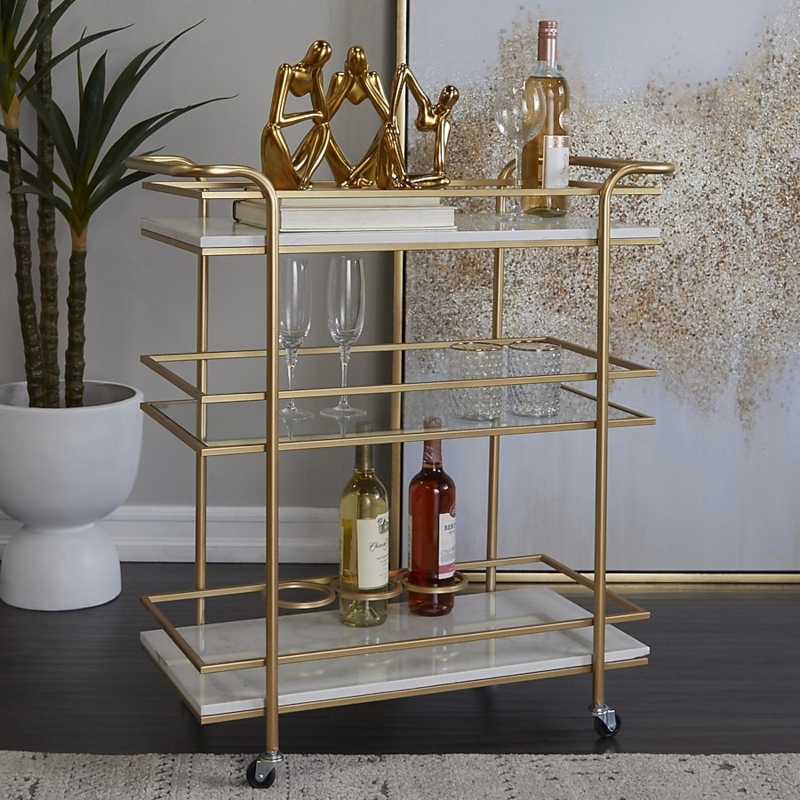 Bar Cart Three Tier Design Gold Frame Marble Effect Shelves Glam