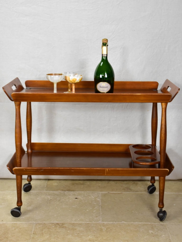 Bar Cart Three Tier Wooden Large Spoke Wheels Curved Handle