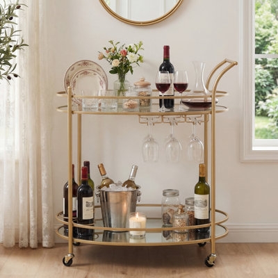 Bar Cart Traditional Gold Finish with Dark Wood X-Brace Sides
