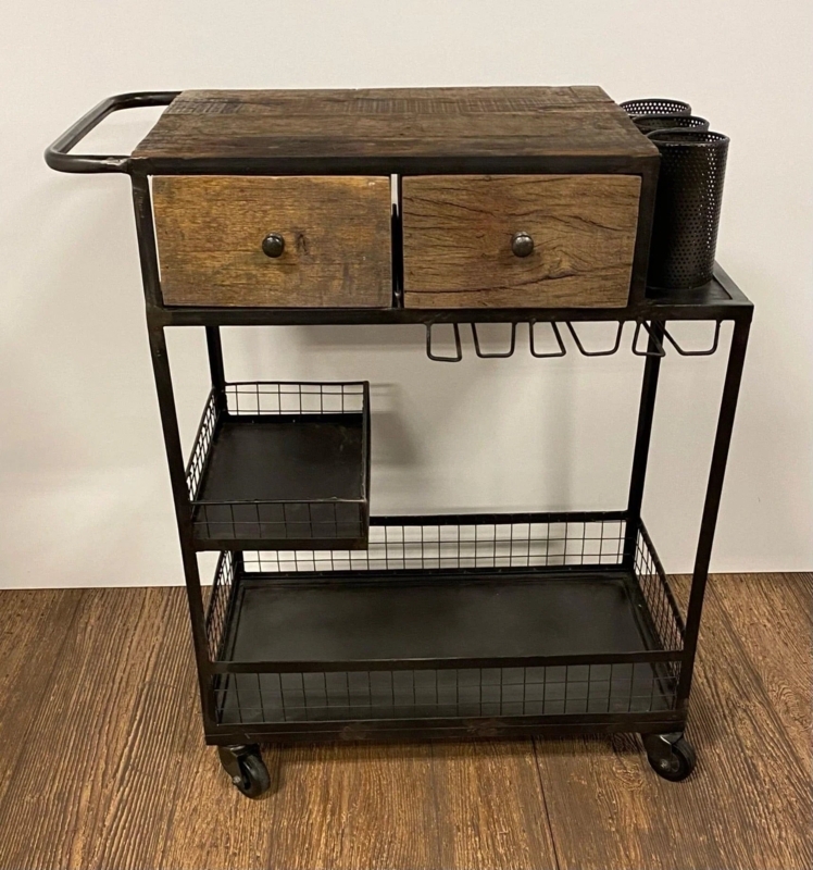 Bar Cart Tray Top Rim Rustic Industrial Rolling Cart