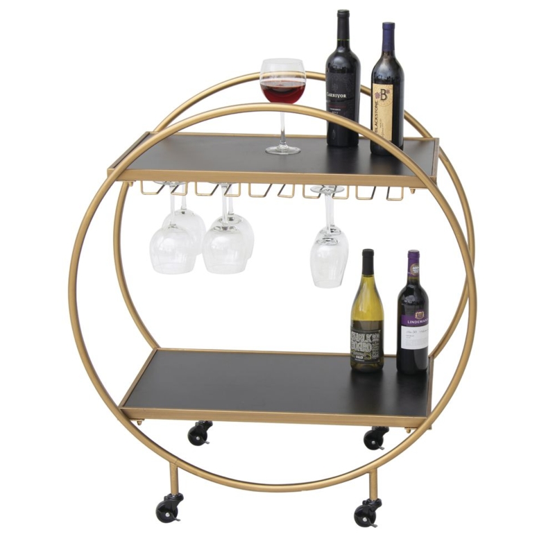 Bar Cart Triple Ring Frame Gold Metal Large Spoke Wheels Retro