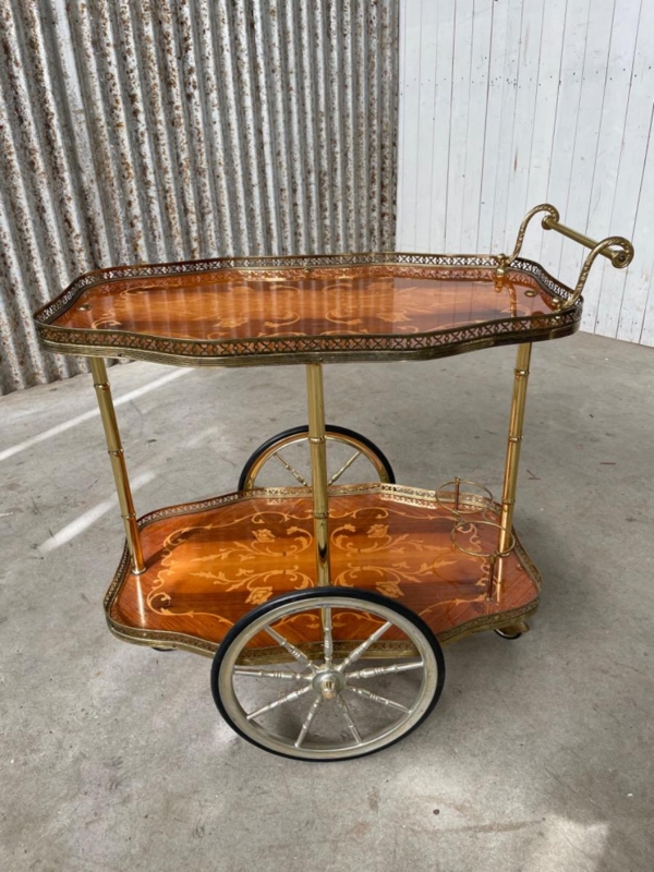 Bar Cart Vintage 1970s Design Curved Brass Frame Glass Shelves