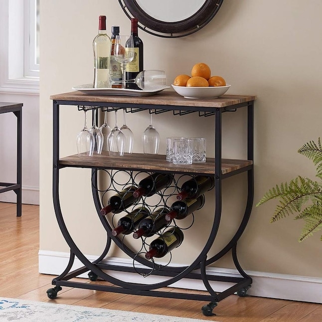 Bar Cart Vintage Brown Wood Black Metal Industrial Beverage Station