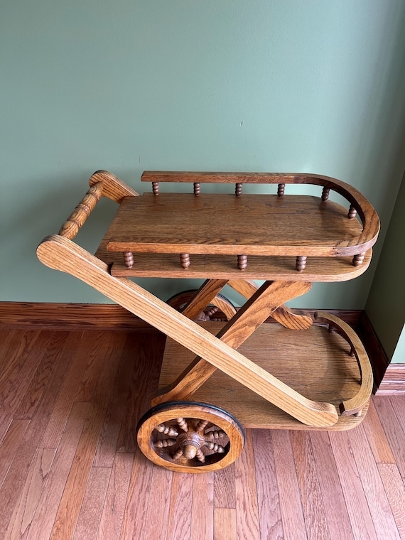 Bar Cart Vintage Rubber Rimmed Wheels Three Tier Storage Honey Oak