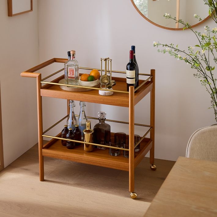 Bar Cart Walnut Brown Tapered Legs Mid-Century Modern Styling