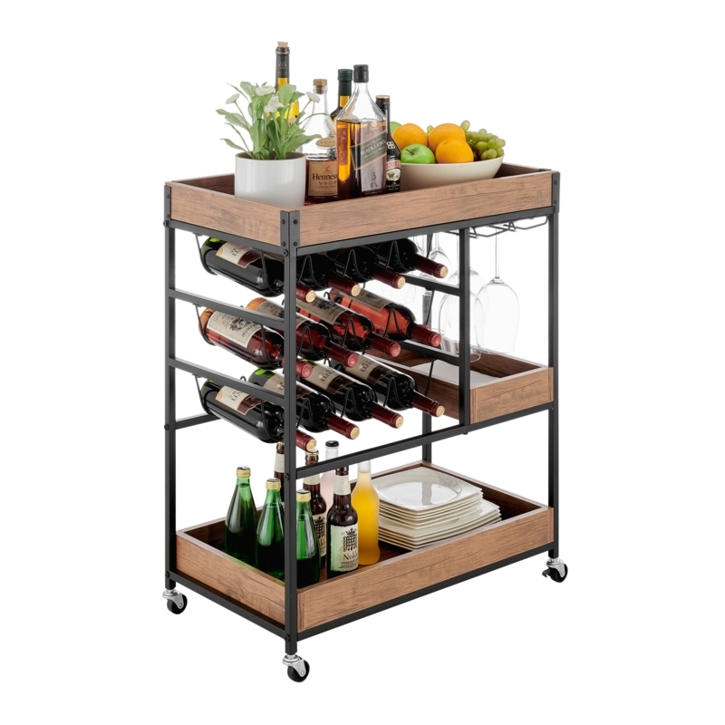 Bar Cart Walnut Two Tier Wire Bottle Holders Rustic Farmhouse Rolling