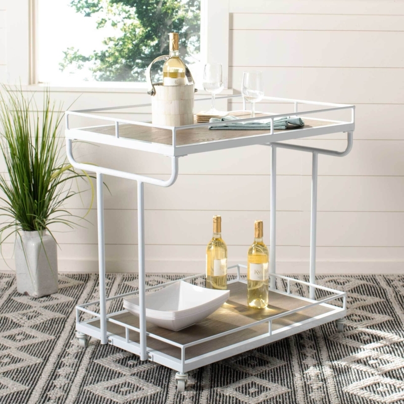 Bar Cart White and Oak Finish Two Tiers Curved Handles Scandinavian