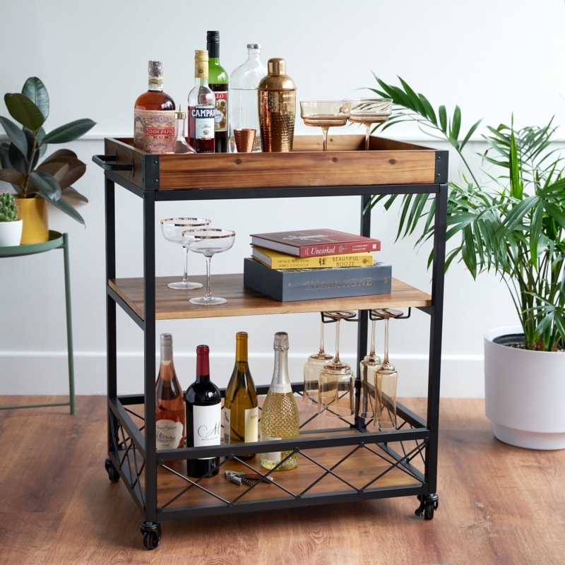 Bar Cart with Circular Handles & Mirrored Shelves in Gold