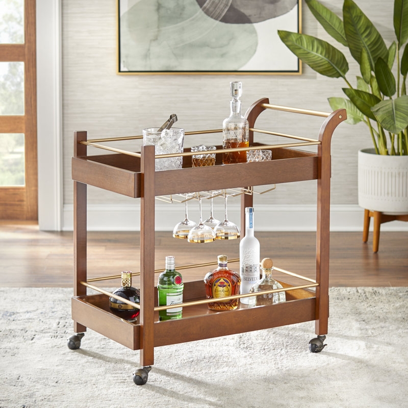 Bar Cart Woven Cane Panels Curved Uprights Walnut Finish Mid Century