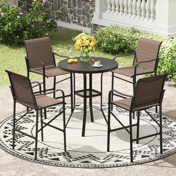 Bar Height Dining Set Black Metal Brown Textilene Mesh Industrial Style