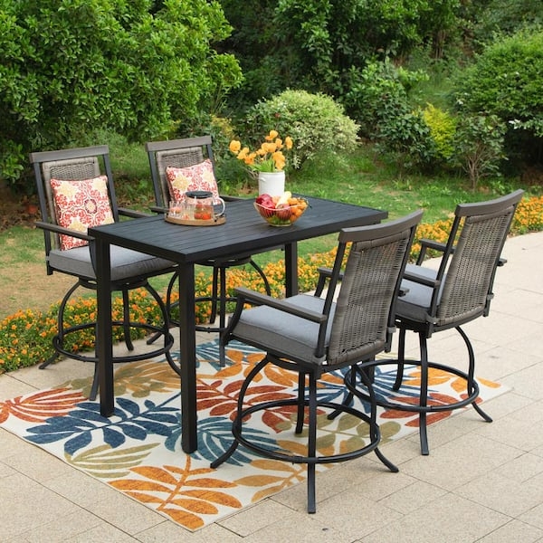 Bar Height Dining Set Mixed Material Rattan Slatted Metal Top